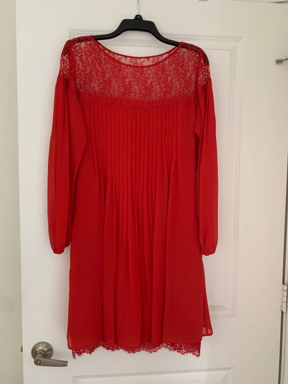 The Kooples Women's M Red Lace Yoke Pleated Long Sleeve Dress NWT